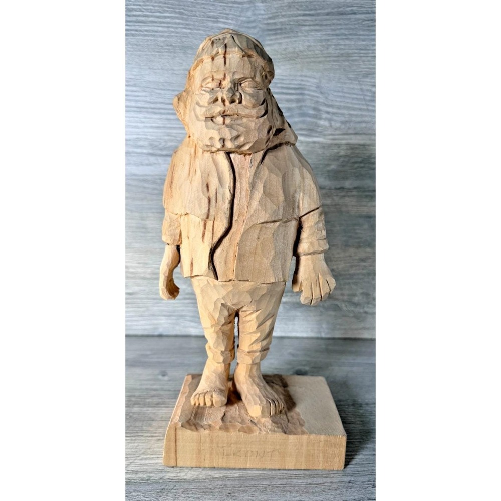 Vtg. Hand Carved Wood OOAK Barefoot Santa Figure Unpainted 10.5" Wooden Figurine